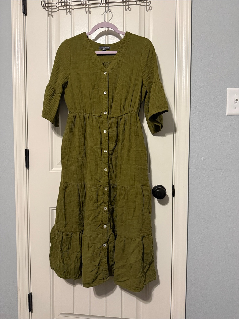 Chelsea & Theodore Olive Green Button-Front Tiered Midi Dress